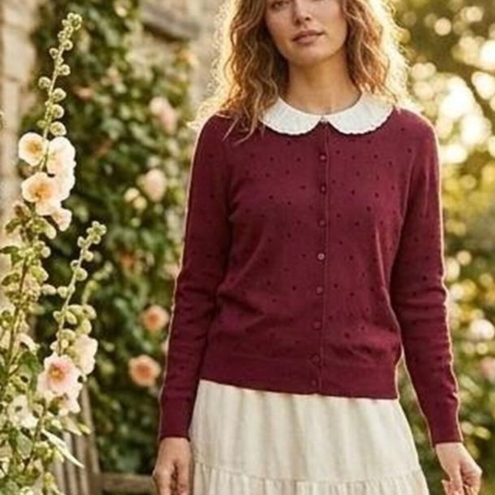 Cable-gauge  Burgundy Cardigan cottagecore, grandma polka dot large